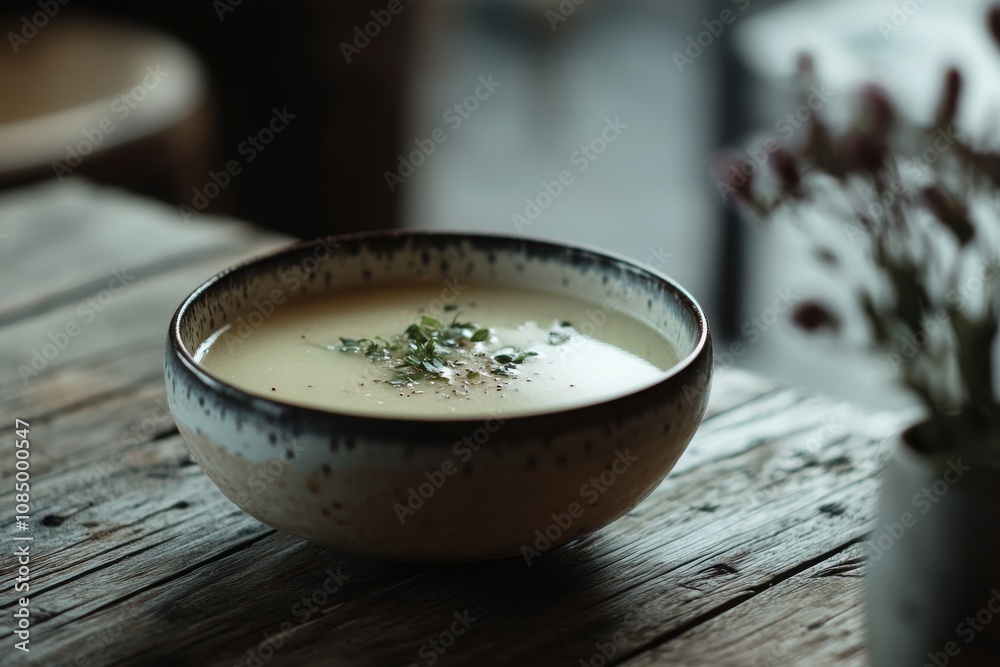 Creamy soup served in a rustic bowl on a wooden table, garnished with herbs, showcasing a cozy dining experience in a warm ambiance. Creamy soup served in a rustic bowl on a wooden table, garnished with herbs, showcasing a cozy dining experience in a warm ambiance.