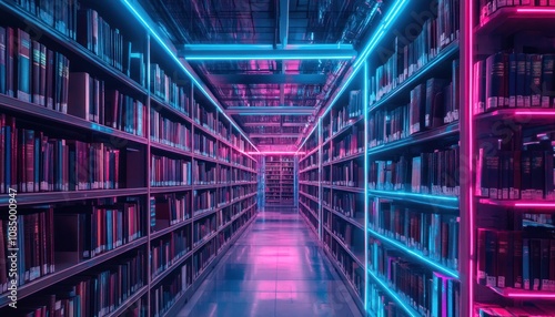 A long hallway of bookshelves lit with neon pink and blue lights.