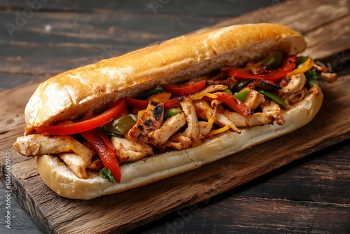 Fresh tasty fajita sandwich on wooden background