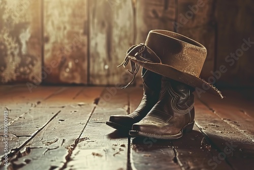 Wild West retro cowboy hat and old leather shoes. Generative Ai