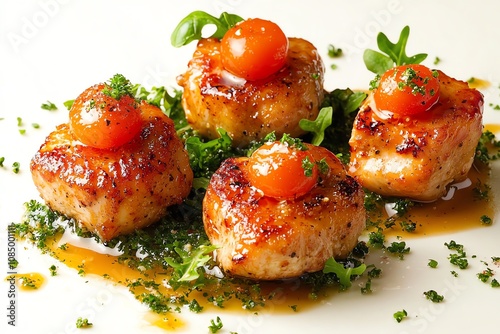 Delicious grilled salmon bites garnished with herbs and cherry tomatoes. photo