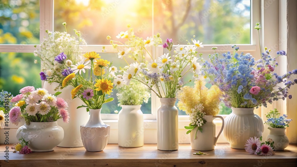 A vibrant windowsill adorned with an arrangement of fresh wildflowers in a variety of white ceramic vases, bathed in the warm glow of sunlight streaming through the window A vibrant windowsill adorned with an arrangement of fresh wildflowers in a variety of white ceramic vases, bathed in the warm glow of sunlight streaming through the window