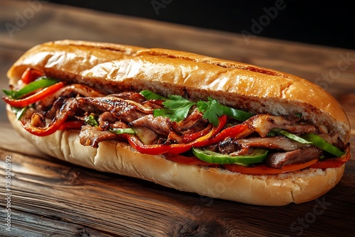 Fresh tasty fajita sandwich on wooden background