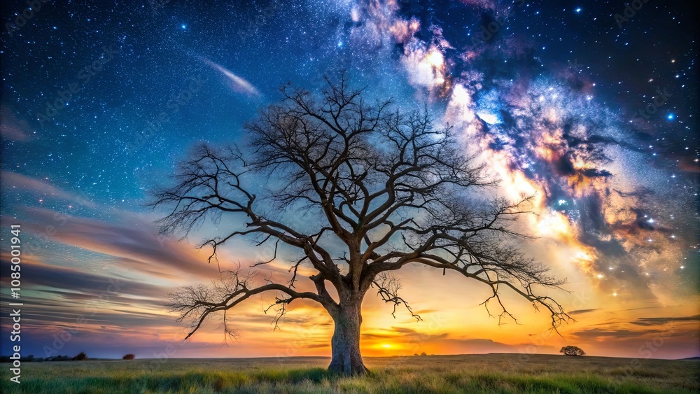 A lone tree stands tall against a backdrop of vibrant twilight hues, casting its shadow upon the grassy plain while a celestial tapestry of stars and a swirling nebula paint the sky. A lone tree stands tall against a backdrop of vibrant twilight hues, casting its shadow upon the grassy plain while a celestial tapestry of stars and a swirling nebula paint the sky.