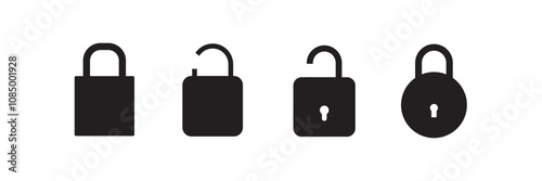 Lock or padlock vector icon set. Security protection keyhole sign. Safety password confidential symbol. Privacy access or permission isolated illustration. Line, outline, filled black web buttons.