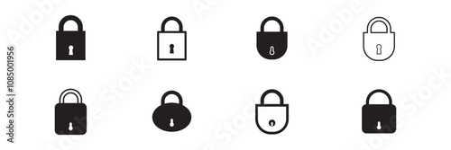 Lock or padlock vector icon set. Security protection keyhole sign. Safety password confidential symbol. Privacy access or permission isolated illustration. Line, outline, filled black web buttons.