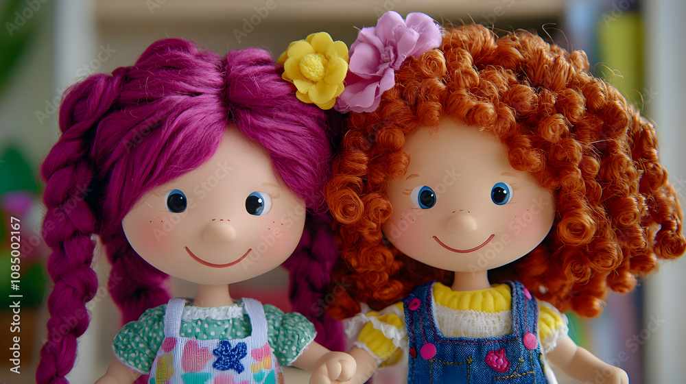 Fototapeta premium Two Smiling Dolls with Colorful Hair Illustration