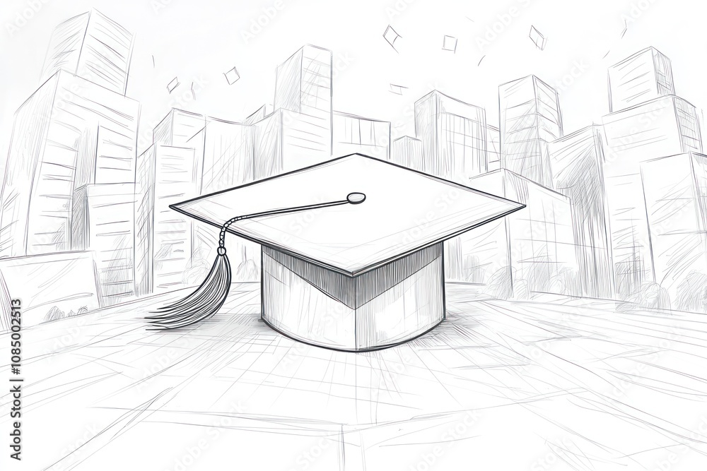 A hand-drawn illustration of a graduation cap in front of a cityscape. A hand-drawn illustration of a graduation cap in front of a cityscape.