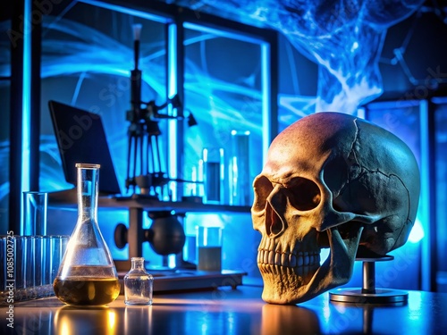 Ancient Skull Under Scientific Scrutiny in Modern Laboratory Setting with Detailed Analysis Displayed on Computer Screen, Merging History with Technology for Research Purposes photo