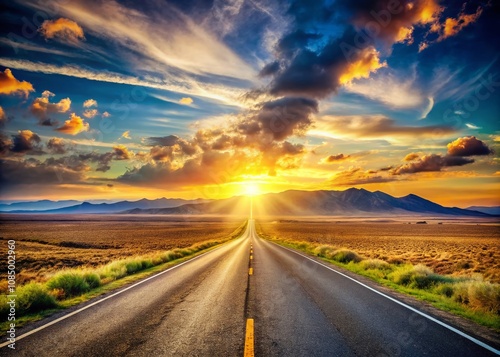 A Panoramic View of an Endless Road Symbolizing the Journey of Determination and Ambition Towards Success in a Serene Landscape with a Clear Horizon