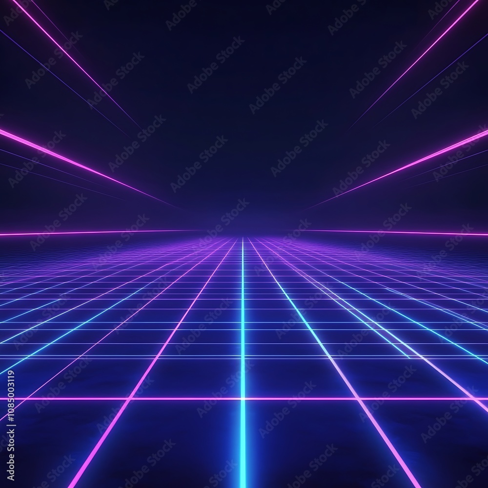 Retro Futuristic Landscape with Neon Grid and Sunset Retro Futuristic Landscape with Neon Grid and Sunset