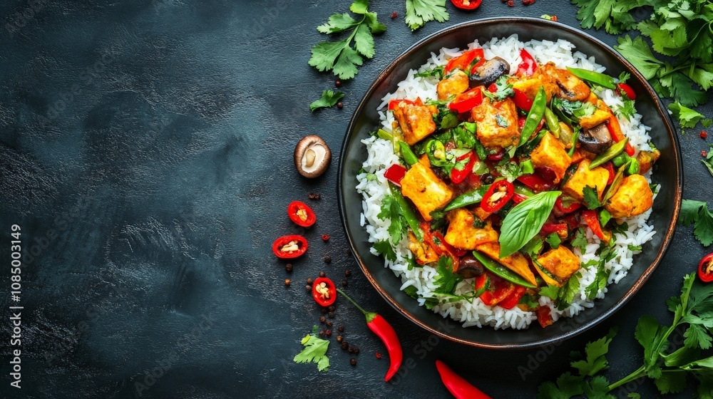 Vibrant Mushroom Curry Dish Served with Rice Vibrant Mushroom Curry Dish Served with Rice