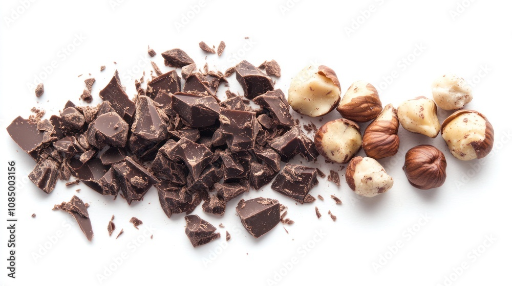 Obraz premium A close-up of chopped dark chocolate and whole hazelnuts on a white background.