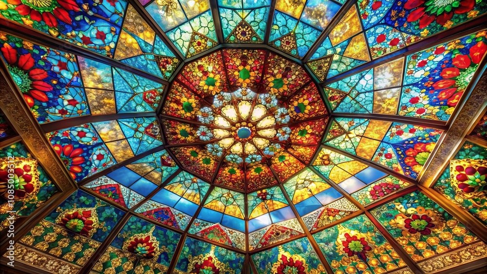 A symphony of colors and light dances across the intricate stained glass dome, creating a kaleidoscope of vibrant hues and geometric patterns. A symphony of colors and light dances across the intricate stained glass dome, creating a kaleidoscope of vibrant hues and geometric patterns.