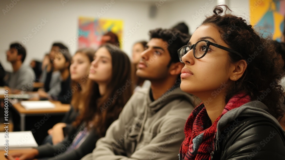Fototapeta premium Diverse group of students attentively listening to a lecture in a classroom.