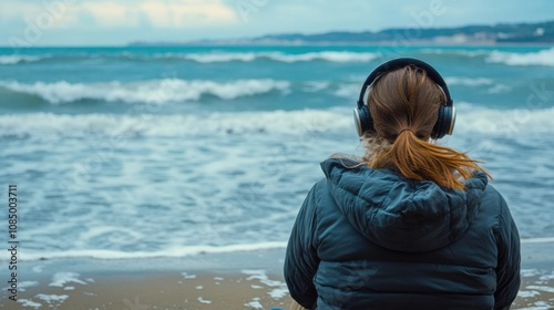 Individual wearing headphones on a beach, gazing at waves and enjoying solitude and mindfulness by the ocean