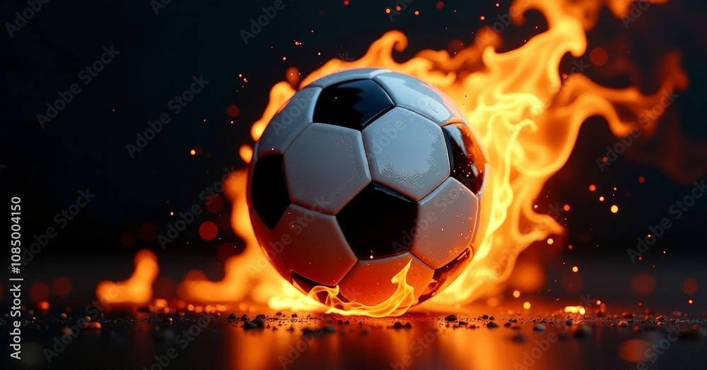 Fototapeta premium Fiery Soccer Ball Dynamic Sports Energy Dark Background