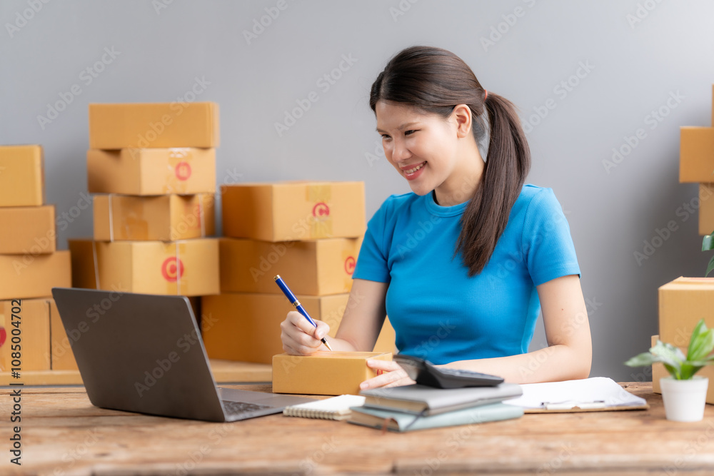 Smiling Woman Managing Online Orders: A cheerful young woman sits at her desk, surrounded by stacks of shipping boxes, efficiently managing online orders on her laptop. Smiling Woman Managing Online Orders: A cheerful young woman sits at her desk, surrounded by stacks of shipping boxes, efficiently managing online orders on her laptop.