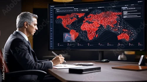 Global Strategy: A serious businessman meticulously analyzes a large screen displaying a complex global map, visualizing strategic opportunities and navigating a dynamic landscape.  