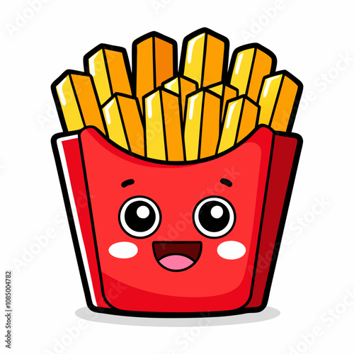 Happy Cartoon French Fries in Red Box. A vibrant cartoon illustration of a happy box of French fries with a smiling face, placed against a bright yellow background. The fries are golden and crisp.