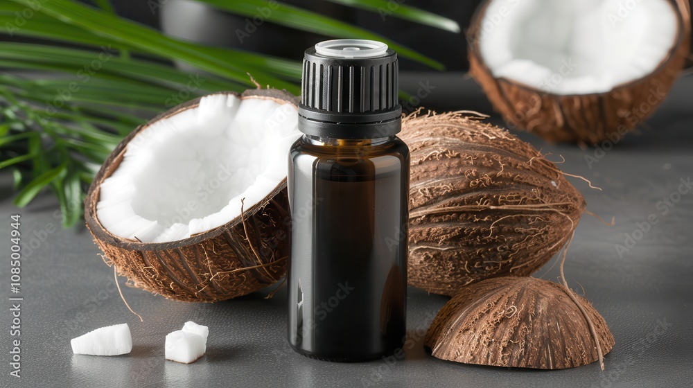 organic coconut essential oil.A coconut, split open, beside a small bottle of essential oil, with pieces of sugar, set against a dark, textured surface. organic coconut essential oil.A coconut, split open, beside a small bottle of essential oil, with pieces of sugar, set against a dark, textured surface.