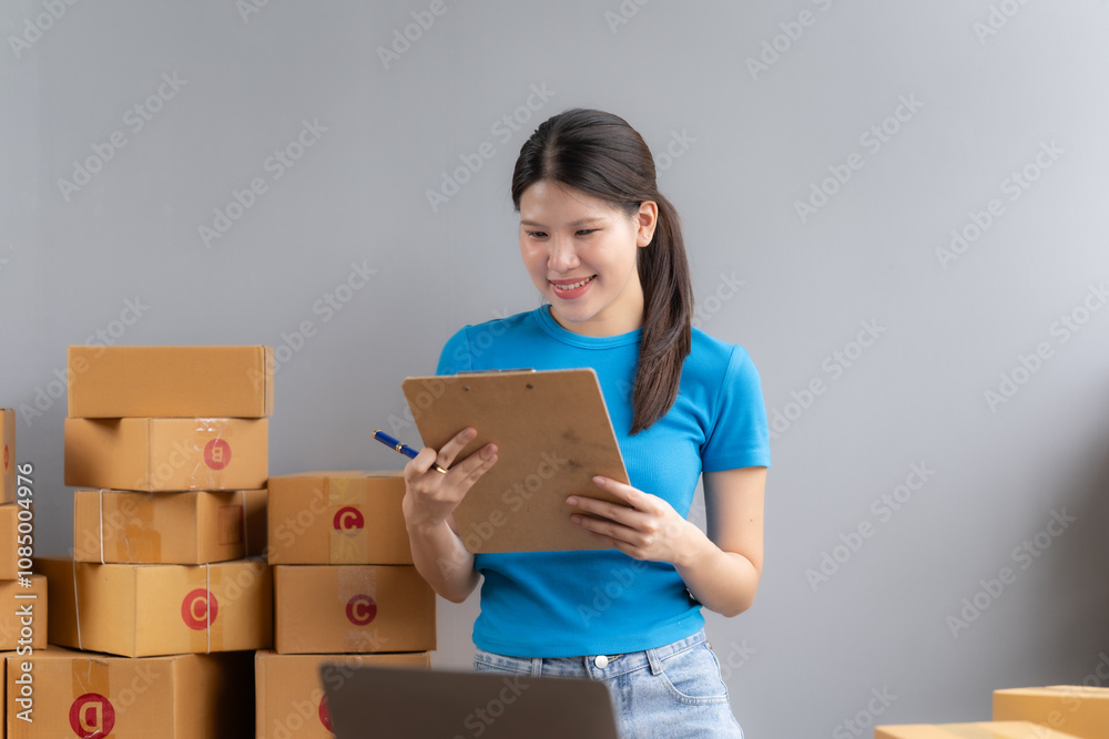 Small Business Owner Taking Orders: A young woman smiles confidently as she manages her online business, surrounded by stacks of shipping boxes. Small Business Owner Taking Orders: A young woman smiles confidently as she manages her online business, surrounded by stacks of shipping boxes.