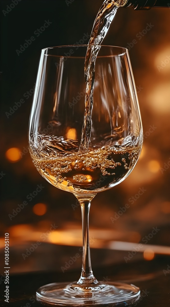 A Glowing Glass of White Wine Being Poured, Capturing the Reflection and Sparkle Amidst a Warm, Blurred Background A Glowing Glass of White Wine Being Poured, Capturing the Reflection and Sparkle Amidst a Warm, Blurred Background