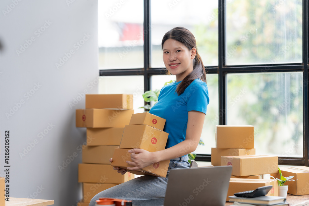 Smiling Woman with Stack of Cardboard Boxes Smiling Woman with Stack of Cardboard Boxes