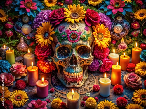 A Vibrant Decorative Skull Surrounded by Colorful Flowers and Candles, Symbolizing the Intricate Dance Between Life and Death in Urban Exploration Photography