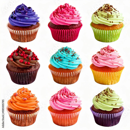 Collection set, assortment of colorful cupcakes isolated on transparent background, bakery. Generative AI