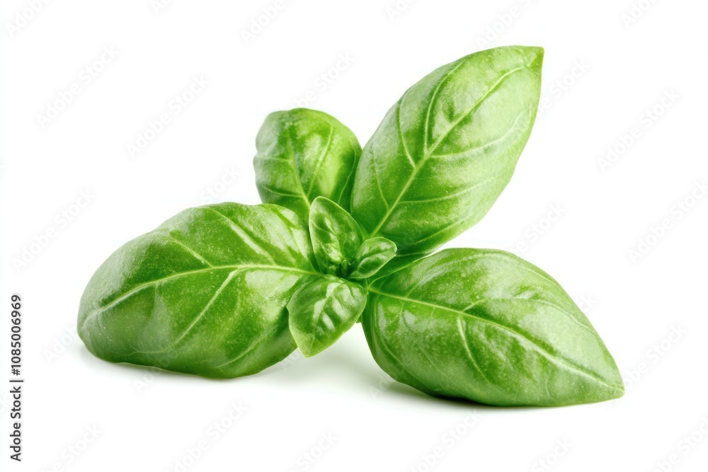 A sprig of fresh green basil leaves isolated on a white background. A sprig of fresh green basil leaves isolated on a white background.