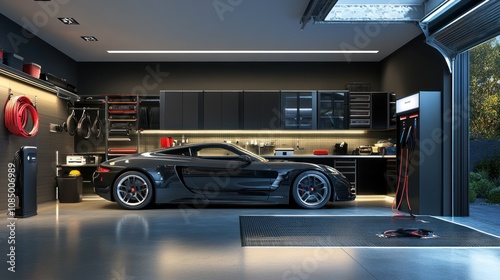Black Sports Car in a Modern Garage