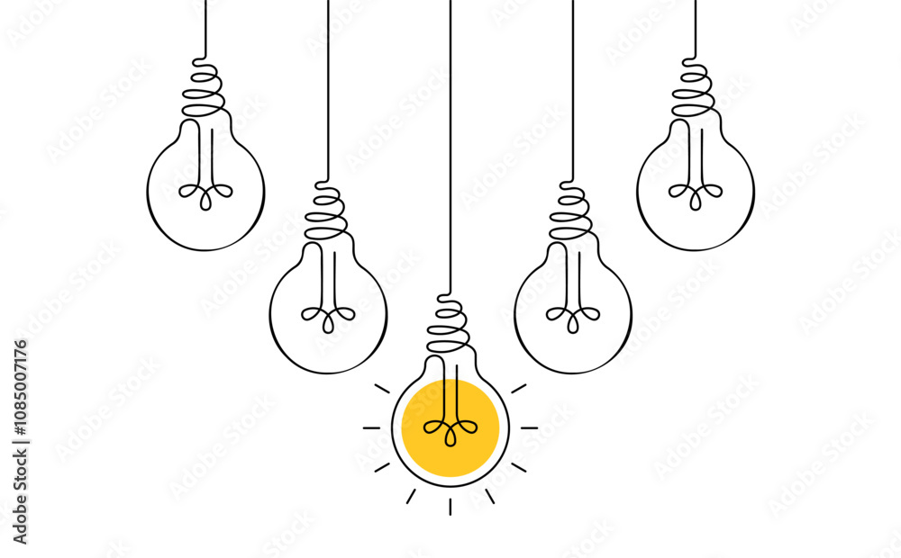 Hanging light bulbs with one glowing on white background. Continuous line drawing light bulb. Concept of idea Hanging light bulbs with one glowing on white background. Continuous line drawing light bulb. Concept of idea