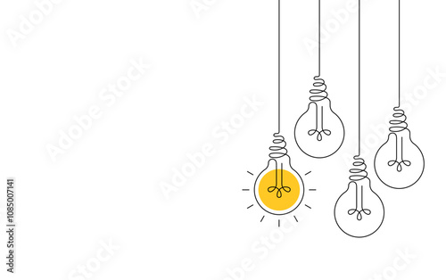 Hanging light bulbs with one glowing on white background. Continuous line drawing light bulb. Concept of idea