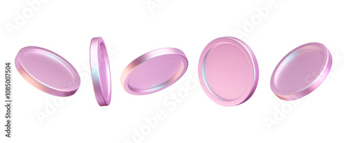 3d holographic coin in different angles. Chrome circles in pink colors. Iridescent cartoon glass disks, cylinders. Vector illustration. Futuristic icon set.