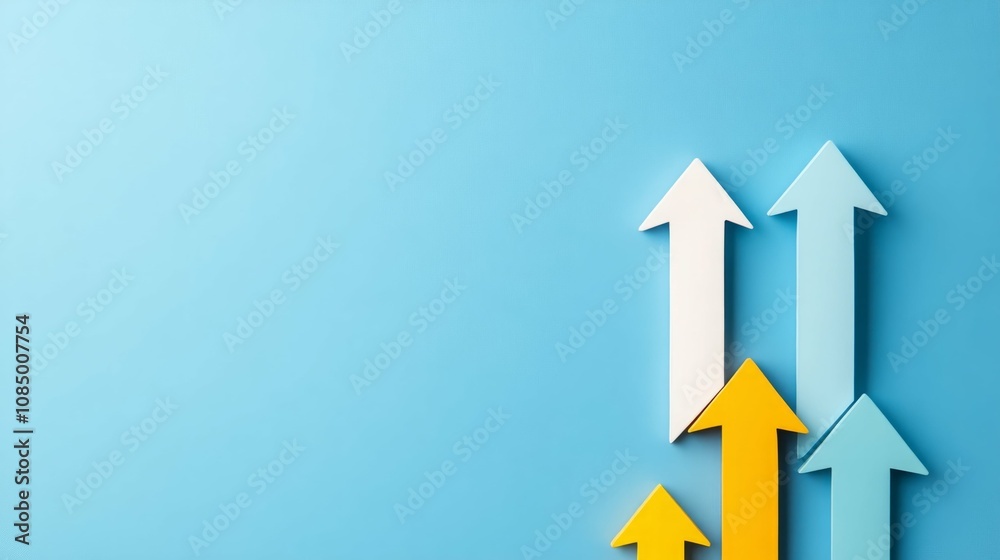 Colorful arrows pointing upward on a blue background. Growth, progress, and success concept. Colorful arrows pointing upward on a blue background. Growth, progress, and success concept.