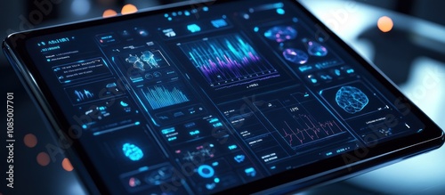 Tablet displaying a futuristic dashboard with various charts and graphs showing data analysis, neural networks, and brain activity.