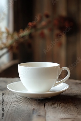 White Cup and Saucer on Wooden Table