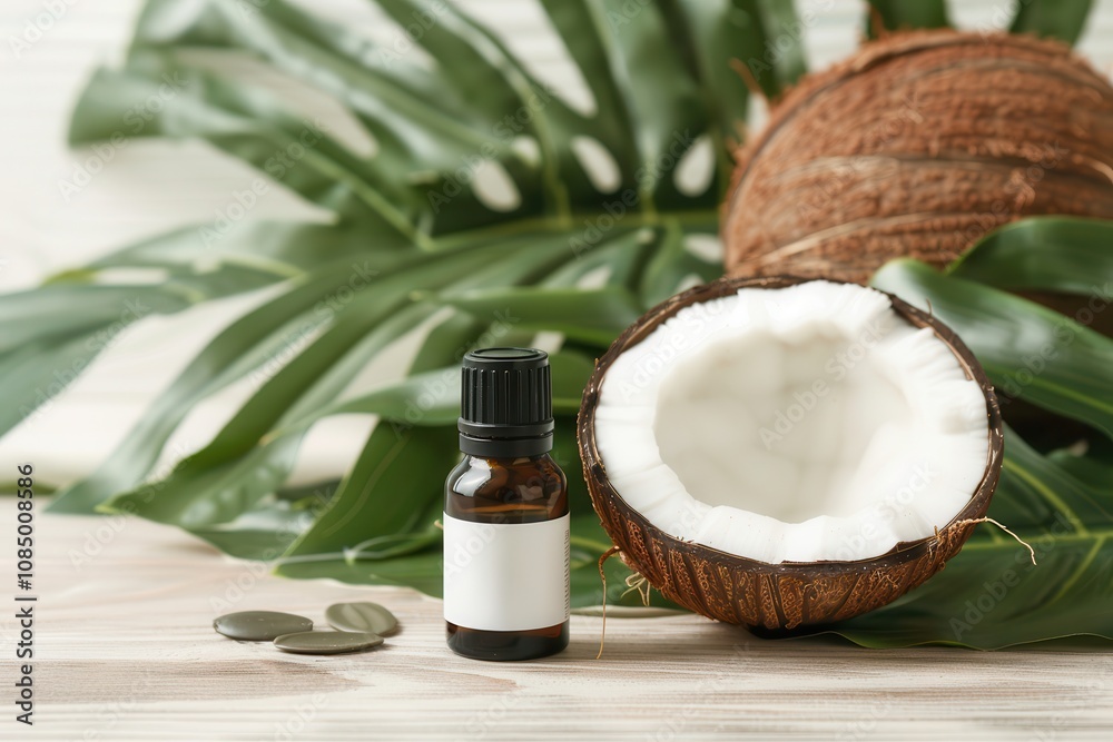 organic coconut essential oil.A coconut half beside a small bottle of essential oil, surrounded by tropical leaves, creating a serene and natural aesthetic. organic coconut essential oil.A coconut half beside a small bottle of essential oil, surrounded by tropical leaves, creating a serene and natural aesthetic.