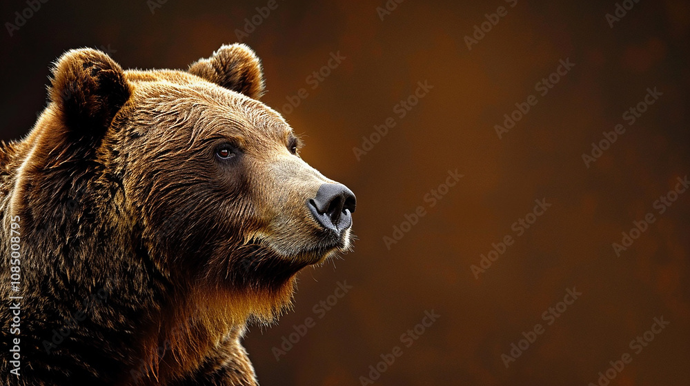 Fototapeta premium Majestic Brown Bear Portrait with Textured Fur and Captivating Expression Against a Warm Background in a Natural Habitat Setting