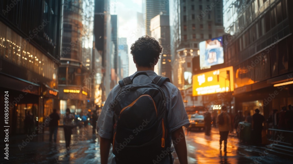 Traveler with a backpack walking through a bustling urban street, capturing the dynamic energy of city life Traveler with a backpack walking through a bustling urban street, capturing the dynamic energy of city life