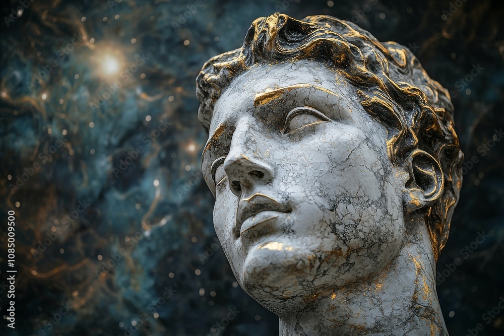 Stoic Marble Sculpture with Kintsugi Gold Accents in a Surreal Abstract Galaxy Universe Stoic Marble Sculpture with Kintsugi Gold Accents in a Surreal Abstract Galaxy Universe