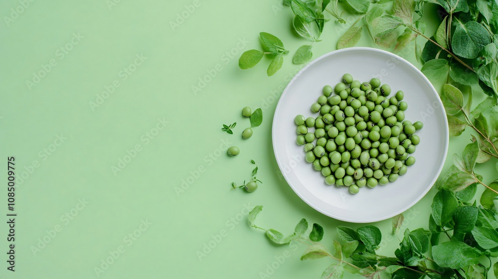 Green soybeans on a white ceramic plate, isolated on a soft green background with subtle leaves and herbs Green soybeans on a white ceramic plate, isolated on a soft green background with subtle leaves and herbs