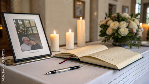 Memorial Table with Candles, Guest Book, and Framed Photo photo