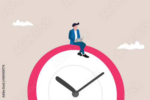 Businessman sitting on clocks, organizing time, planning tasks and scheduling. Concept of effective self organization and management control