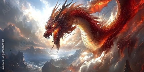 The colorful Chinese dragon painting on the turbulent sea gives a sense of power and legend. It can be used in Chinese cultural artwork or advertisements or historical tourism promotion. photo