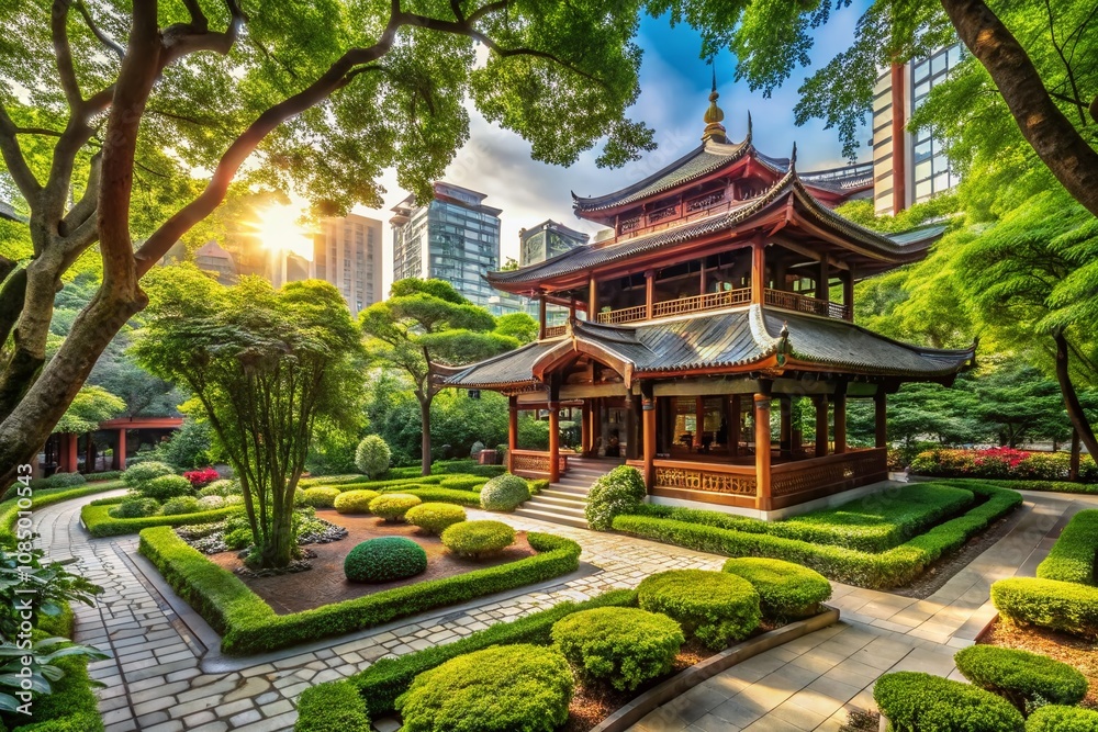 Captivating Detail of an Architectural Structure Nestled in a Serene Park Landscape, Showcasing Nature's Harmony with Urban Design and Inviting Tranquility Amidst City Life Captivating Detail of an Architectural Structure Nestled in a Serene Park Landscape, Showcasing Nature's Harmony with Urban Design and Inviting Tranquility Amidst City Life