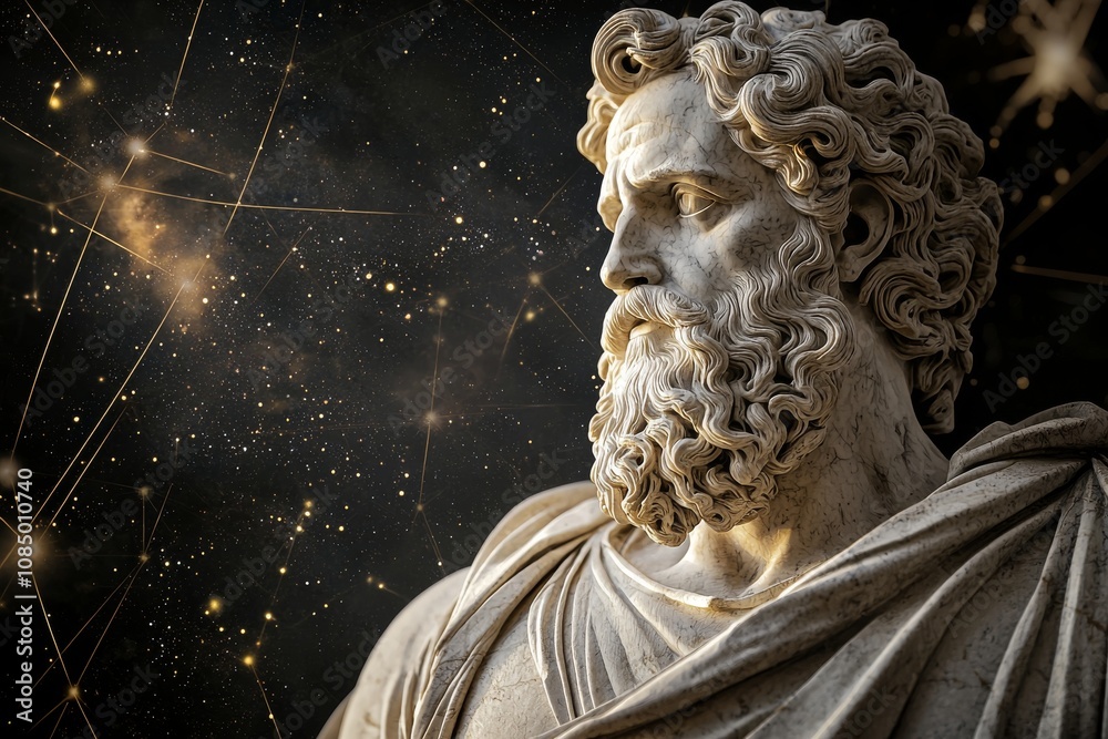 Stoic Marble Sculpture with Kintsugi Gold Accents in a Surreal Abstract Galaxy Universe Stoic Marble Sculpture with Kintsugi Gold Accents in a Surreal Abstract Galaxy Universe