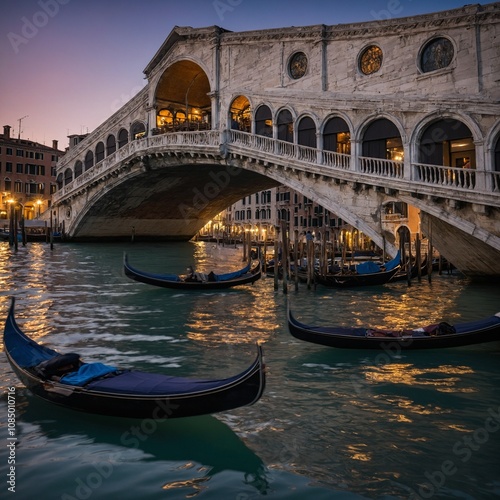 The Rialto Bridge in Venice, with gondolas gliding below at twilight.

