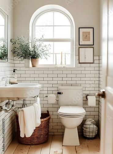 Small Bathroom with Arched Window and White Tiled Walls Featuring Minimalist Decor and Natural Light, Creating a Bright and Inviting Space